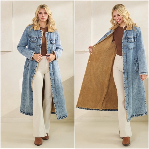 Light Wash Teddy Line Button Down Pockets Denim Jean Long Jacket - Picture 1 of 4